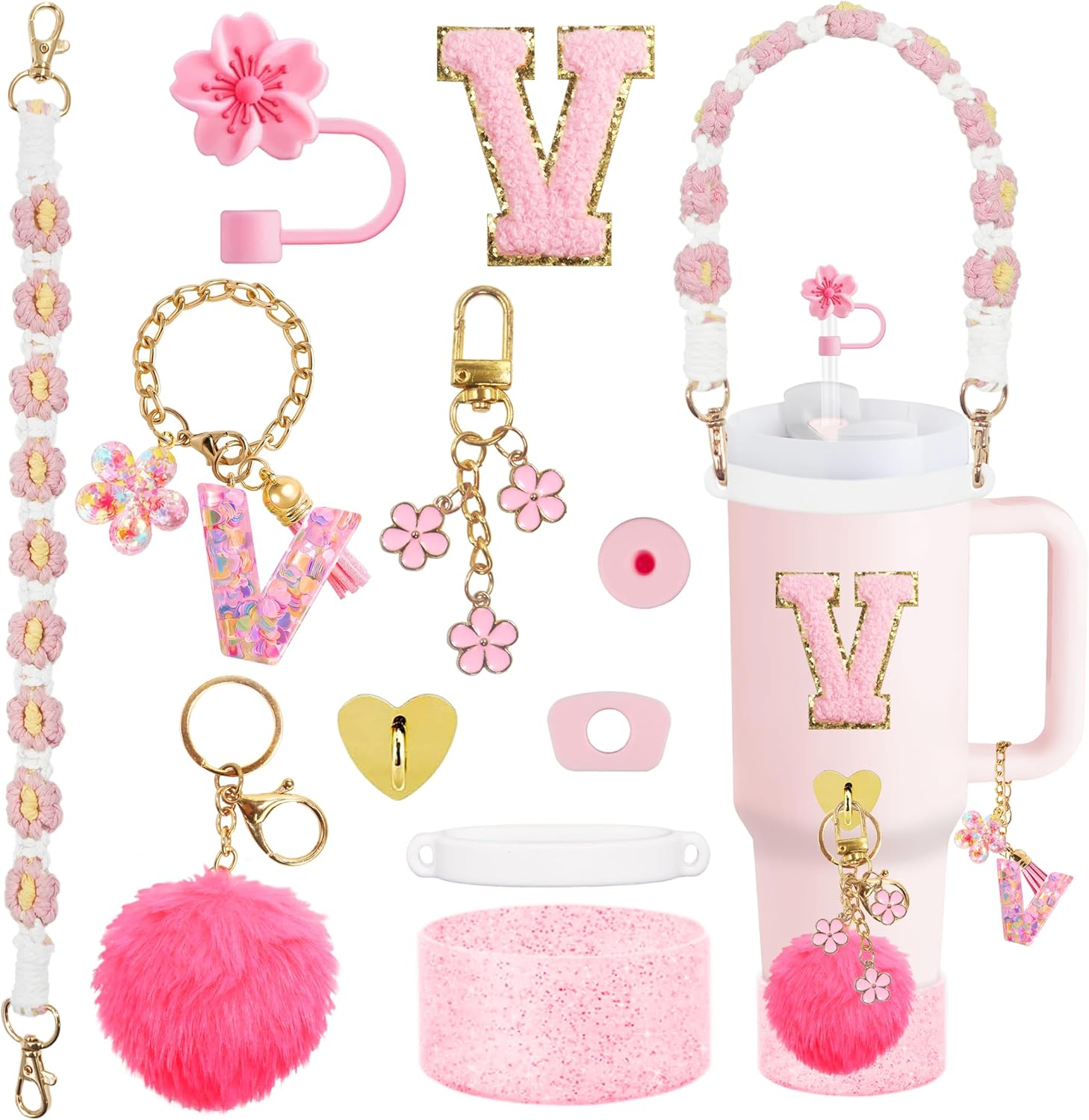XIANGYUAN 11PCS Cup Accessories for Stanley Cup,Straw Cover Cap for Stanley Cup 30oz or 40oz,Including Water Bottle Handle Strap,Boot,Decorative Chains,Personalized Sticker for Stanley