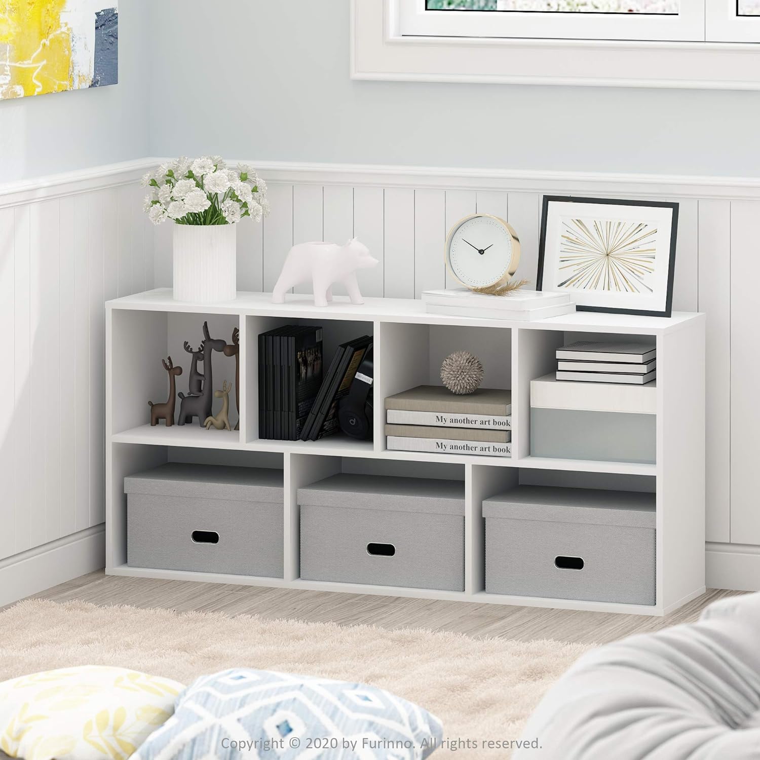 Furinno LUDER Book Shelf, 7-Cube Bookshelf, Bookcase, 9.4" x 19.5" x 41.7", for Living Room, Bedroom, Home Office, White - Image 2