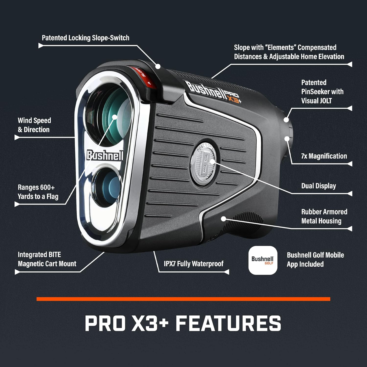 Bushnell Pro X3+ Golf Rangefinder with Wind Speed and Direction,1300 Yard Range,7X Magnification, Pin Locking with Visual Jolt - Image 7