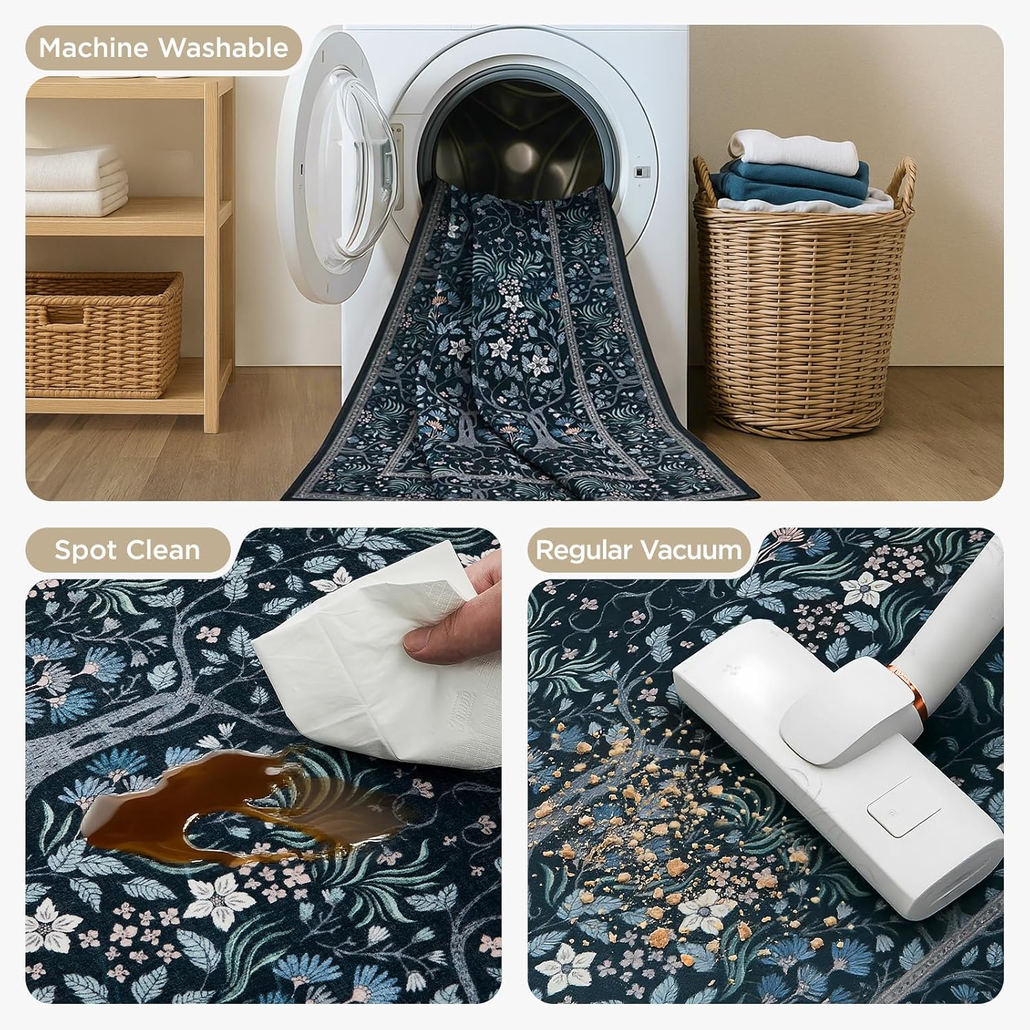 Joydeco Machine Washable Area Rugs 5x7, Boho Floral Rug for Bedroom Non Slip, Soft Forest Botanical Low-Pile Floor Indoor Throw Carpet for Living Dining Room Dorm Office, Blue-Black - Image 4