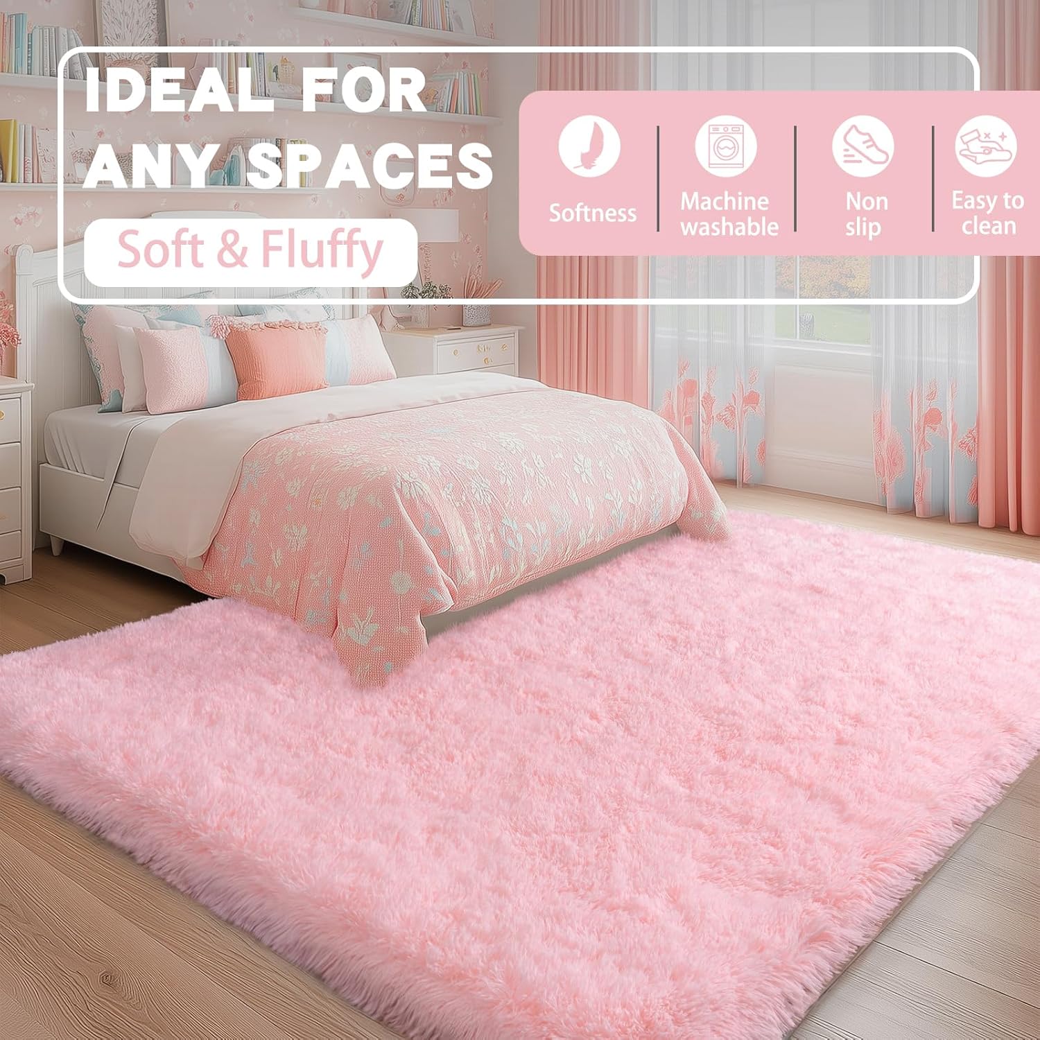 Fluffy Pink Rug for Bedroom Girls, 5x7 Soft Fuzzy Plush Shag Area Rug for Living Room, Cute Comfy Throw Rug for Kids, Non-Slip Indoor Shaggy Floor Carpet for Nursery Teen Dorms Home Decor Aesthetic - Image 4