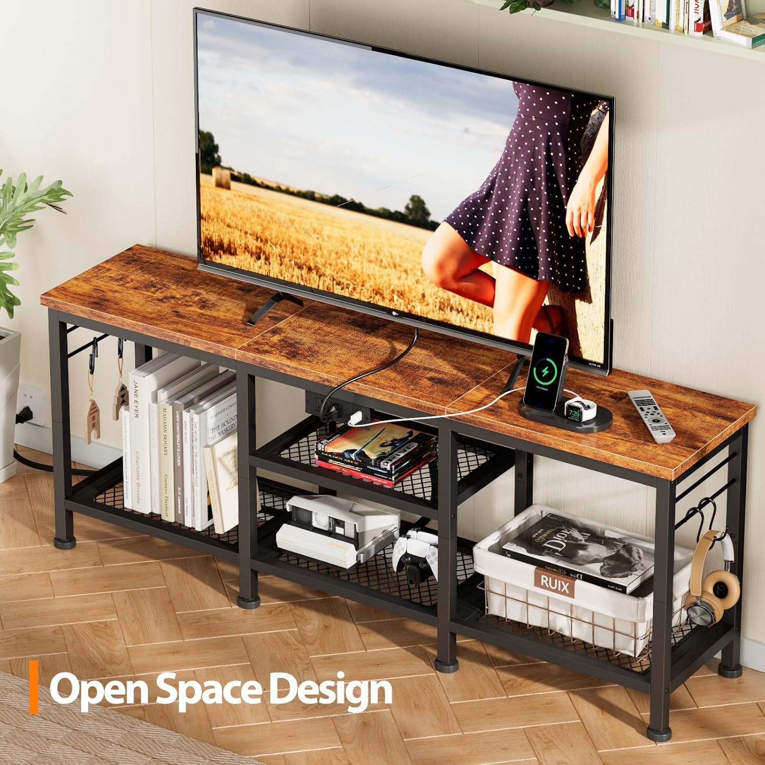 Furologee TV Stand with Power Outlets, Entertainment Center with Open Storage Shelves for TVs up to 55 Inch, Media Console Table with Soundbar Shelf for Living Room, Bedroom, Rustic Brown - Image 4