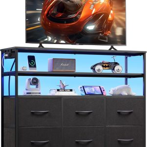 WLIVE Black TV Stand for 40, 45 inch TV, Entertainment Center with LED Lights & Charging Station, TV Media Console Table with 6 Fabric Drawers and Open Shelves for Living Room, Hallway, Wood Top
