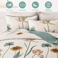WONGS BEDDING Floral Quilt Set Queen,Green Yellow Floral Botanical Bedspread Bedding Set with 2 Pillowcase,Lightweight Spring Farmhouse Coverlet Set for All Season (96"x90") - Image 4