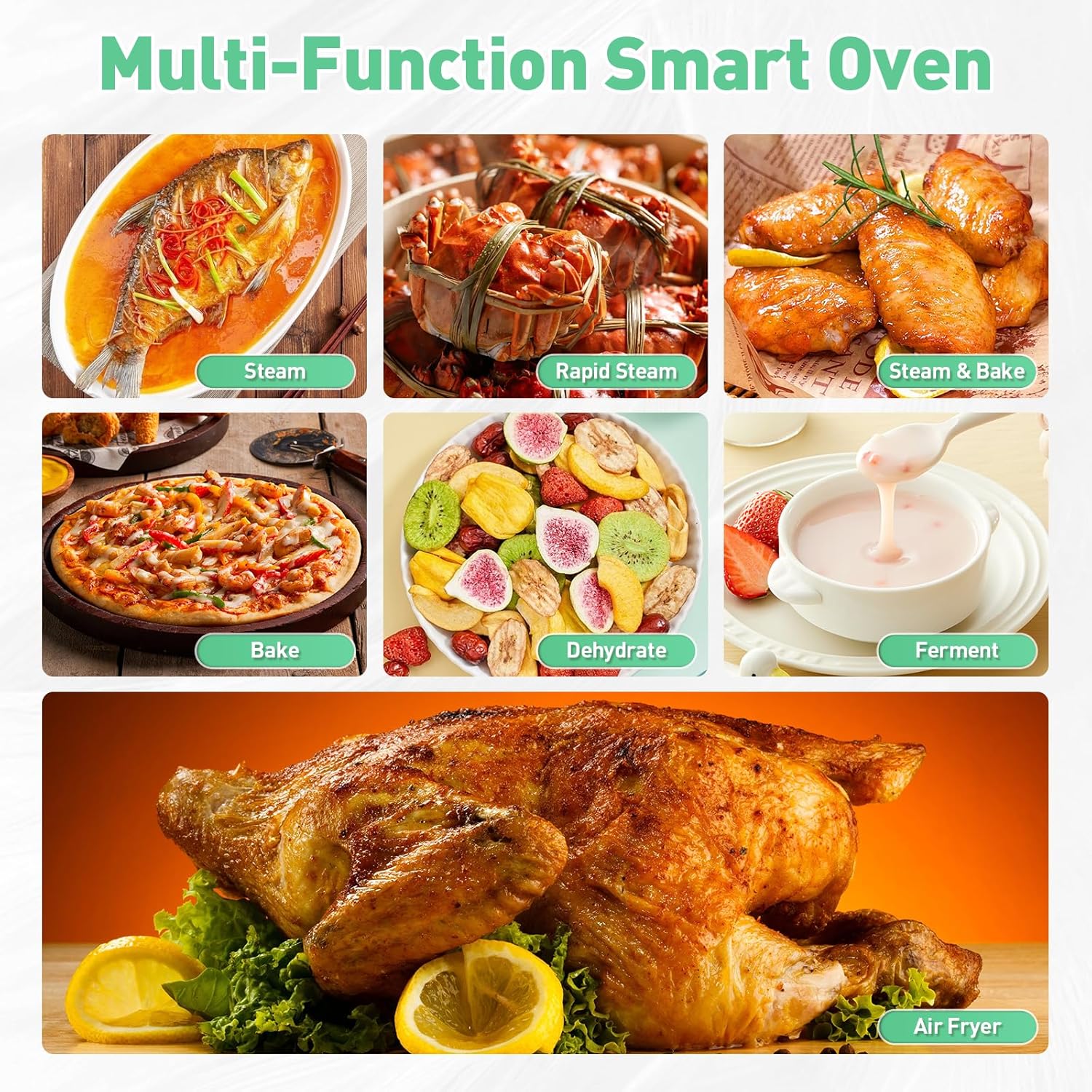 Secura Multifunction Air Fryer Steam Oven, 13 Quart Compact Oven with Convection Bake, Airfryer, Rapid Steam, Ferment, Dehydrator Combo, Nutritious & Delicious Food Steamer for Cooking (Mint Green) - Image 7
