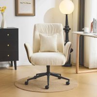 VINGLI Beige Swivel Office Chair with Back & Lumbar Pillow,Padded Arms,with Wheels,Comfy Modern Desk,Sewing,Dining,Vanity,Computer Task Chair for Home,Makeup,Nail Tech,Bedroom,Living Room,Chenille - Image 9