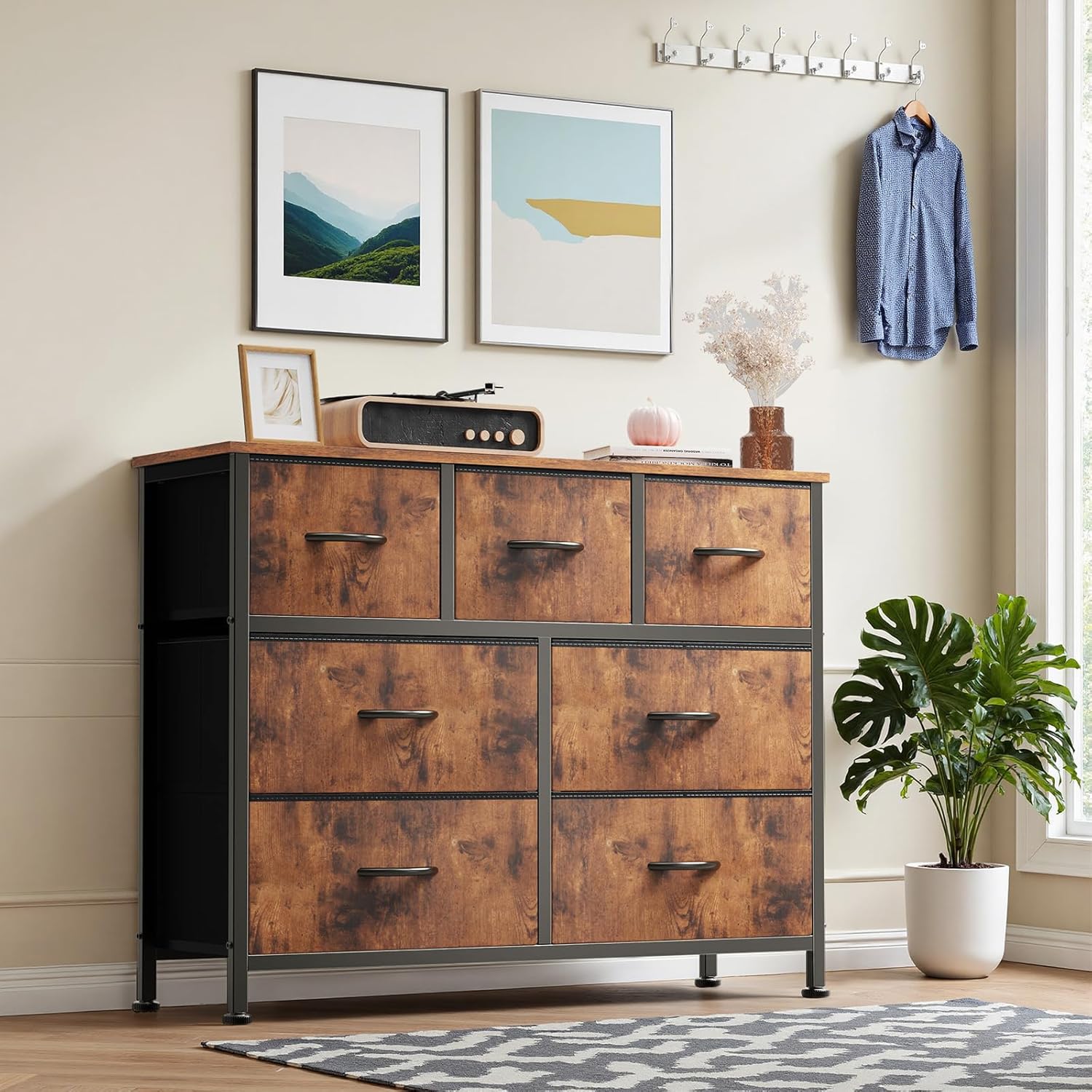 DUMOS Dresser for Bedroom with 7 Drawers, Storage Organizer Units Furniture, Chest Tower TV Stand with Fabric Bins, Metal Frame, Wooden Top for Nursery, Living Room, Bedroom, Closet, Brown - Image 2