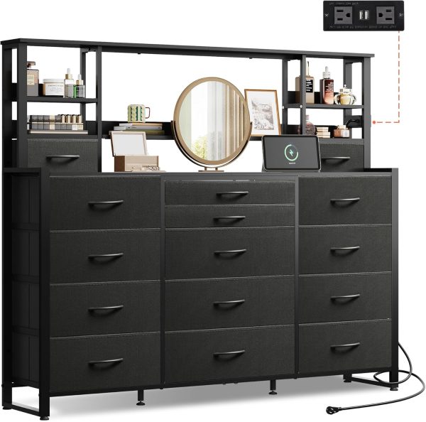 WLIVE Storage Organizer Unit with 15 Fabric Drawer & 5 Open Shelves, Tall Black Storage Drawers Organizer with Charging Station, Storage Tower Organizaton for Living Room, Hallway, Office