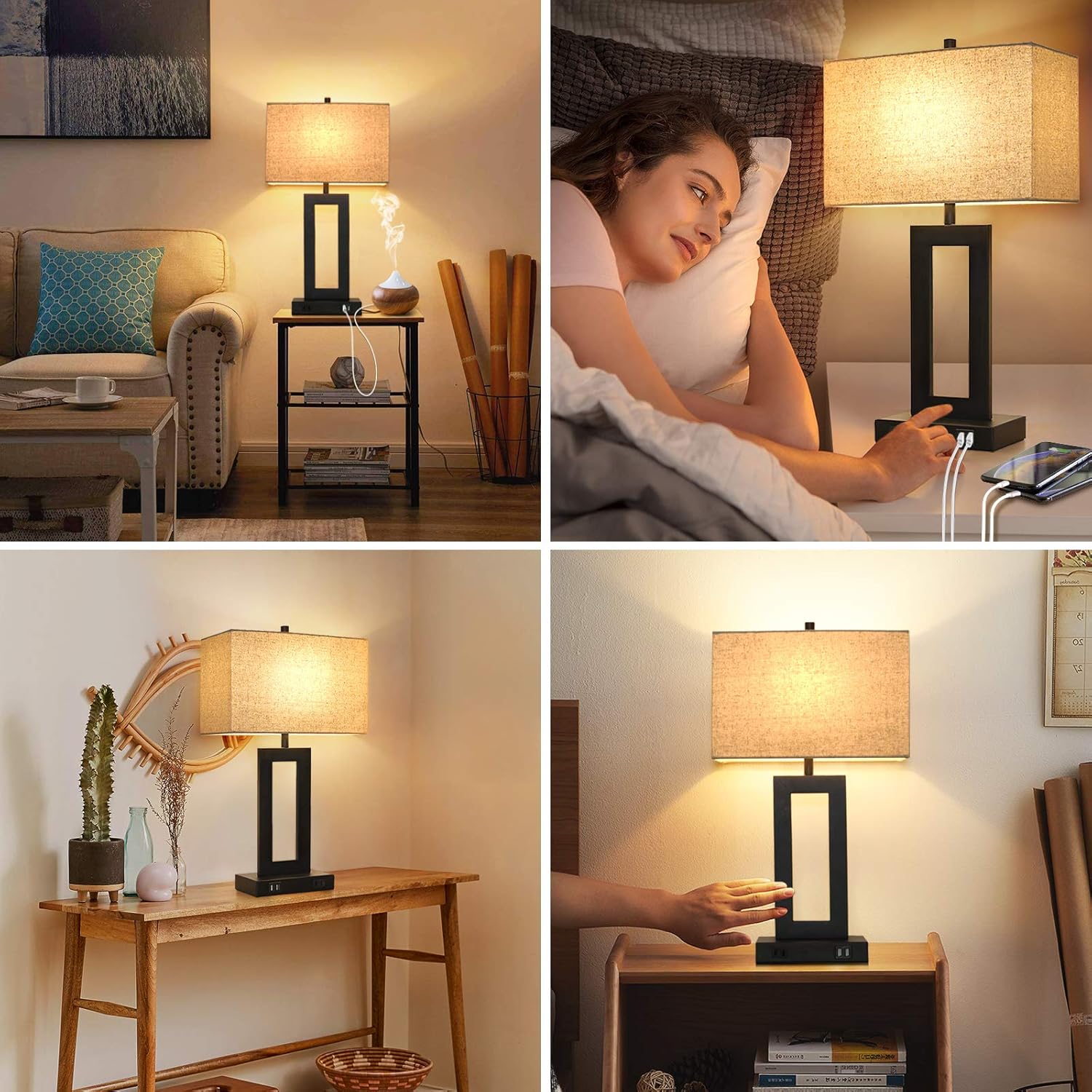 Set of 2 Touch Control Table Lamp with 2 USB Ports, 3-Way Dimmable Modern Nightstand Lamp Sets Bedside Touch Desk Lamp with Fabric Cream Shade for Bedroom Table Living Room Reading, Included Bulbs - Image 8