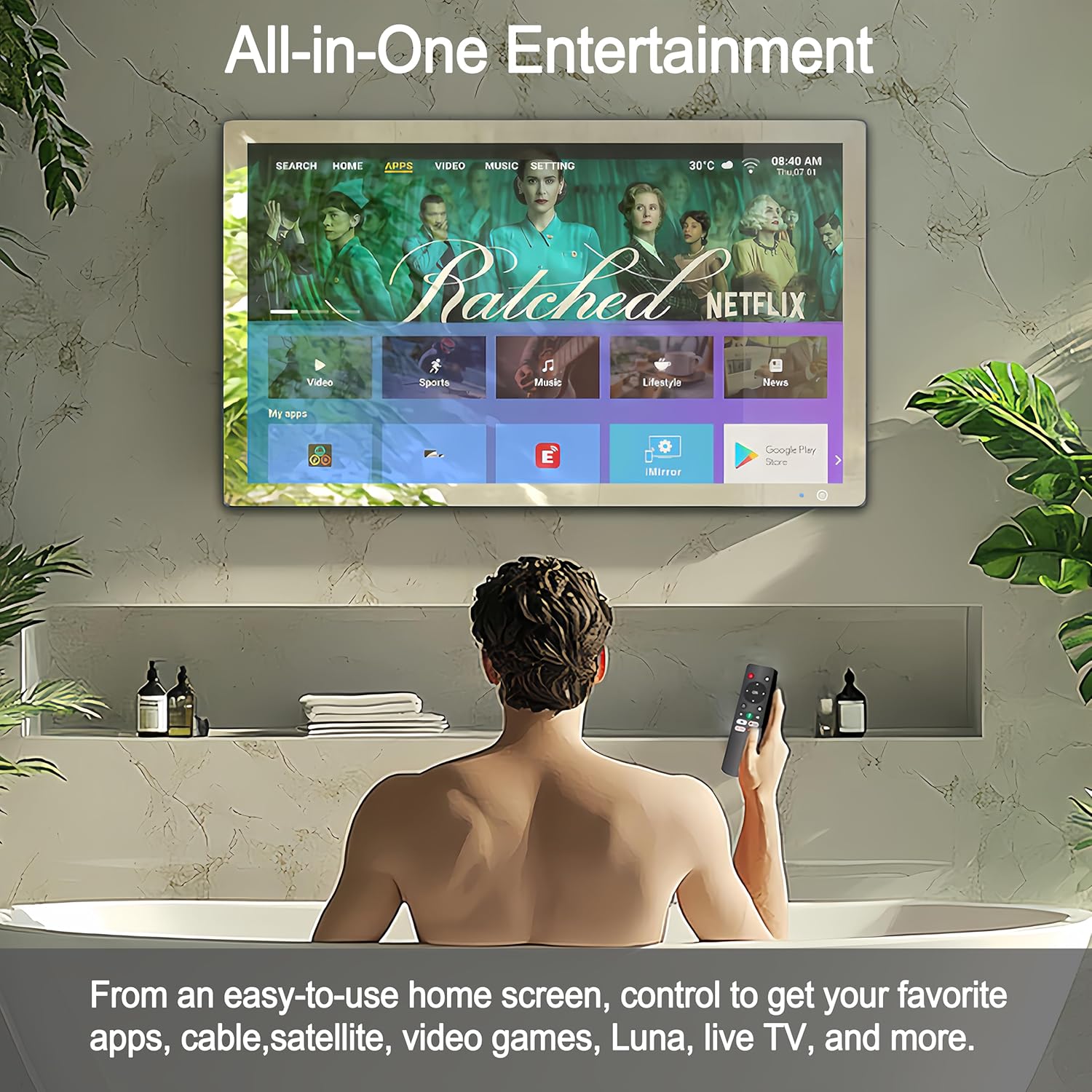 Haocrown 32" 4K Ultra HD Smart Bathroom Mirror TV, IP66 Waterproof, Android 13 System with Voice Remote for Google Assistant ATSC Tuner, 500 cd/㎡ High Brightness (Black Frame, 2025 Model) - Image 4