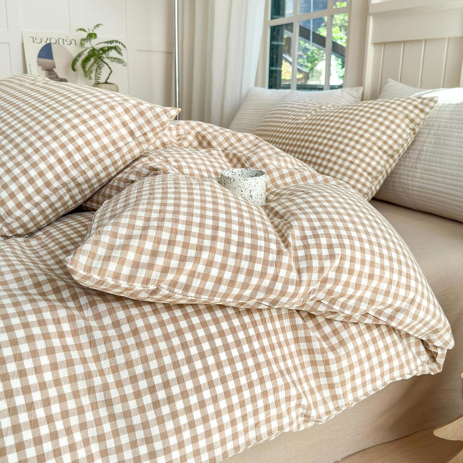 LifeTB Queen Comforter Set Tan Gingham Comforter Modern Style Beige Plaid Comforter Set 3 Pieces Fluffy Grid Checkered Comforter with 2 Pillowcases Boho Gingham Bedding Set Queen Size - Image 8