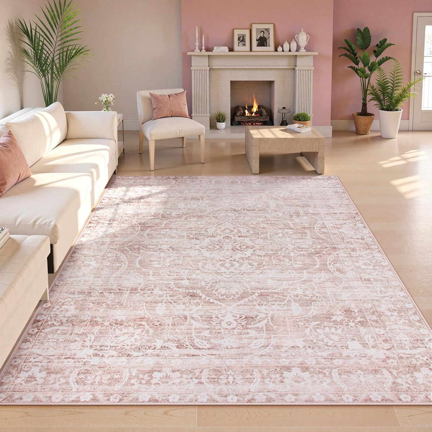 Lahome Pink Rugs for Bedroom Girls,Cute Nursery Rug Boho Area Rugs 5x7,Floral Living Room Rug Carpet Ultra-Thin Soft Washable, Kids Rugs for Playroom Baby Room Decor Dorm (Pink, 5'X7') - Image 3
