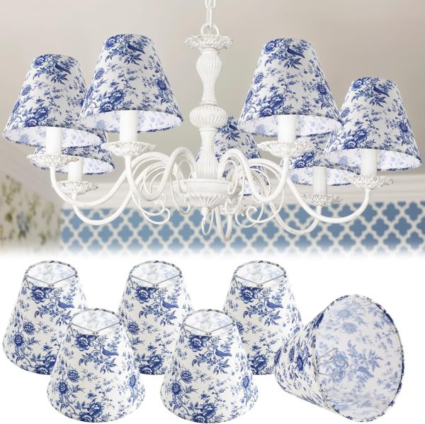 VIHOSE 6 Pcs Chandelier Shades Small Chinoiserie Lamp Shade French Countryside Toile Clip Bulbs Lampshade 3 x 6 x 5 Inch Lamp Chimney Cover for Chandelier Farmhouse (Blue Floral)