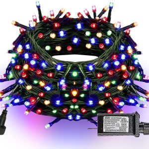 Dazzle Bright 300 LED Christmas String Lights, 100 FT Connectable Waterproof String Lights Green Wire with 8 Modes, Christmas Decorations for Indoor Outdoor Xmas Party Yard Garden (Multi Colored)