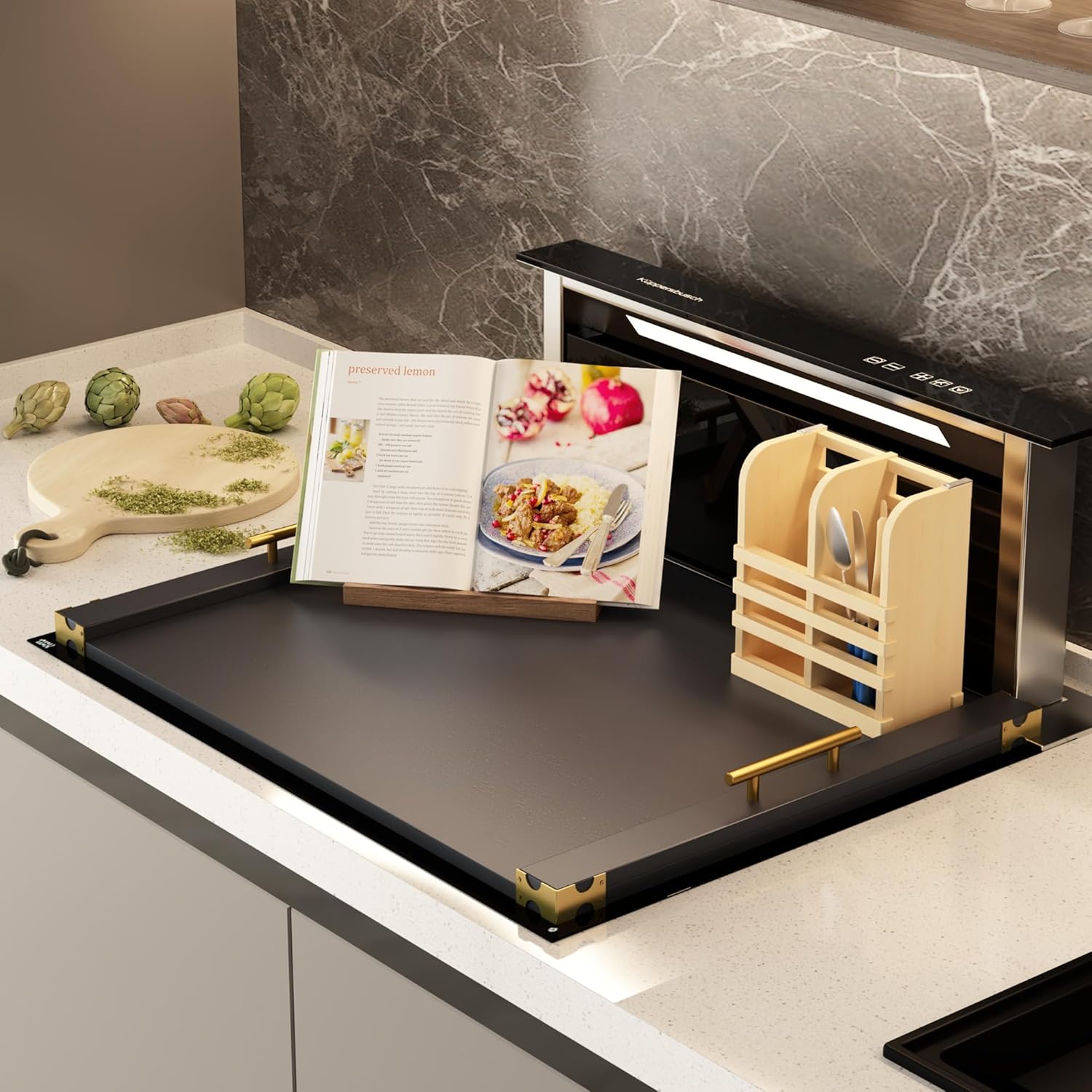 Noodle Board Stove Cover for Gas Stovetop, Bamboo Stove Top Covers for Electric Stove and Gas Burners with Handles Kitchen Sink Cover for Counter Space Decorative Serving Tray Black (29.53"x22.05") - Image 3