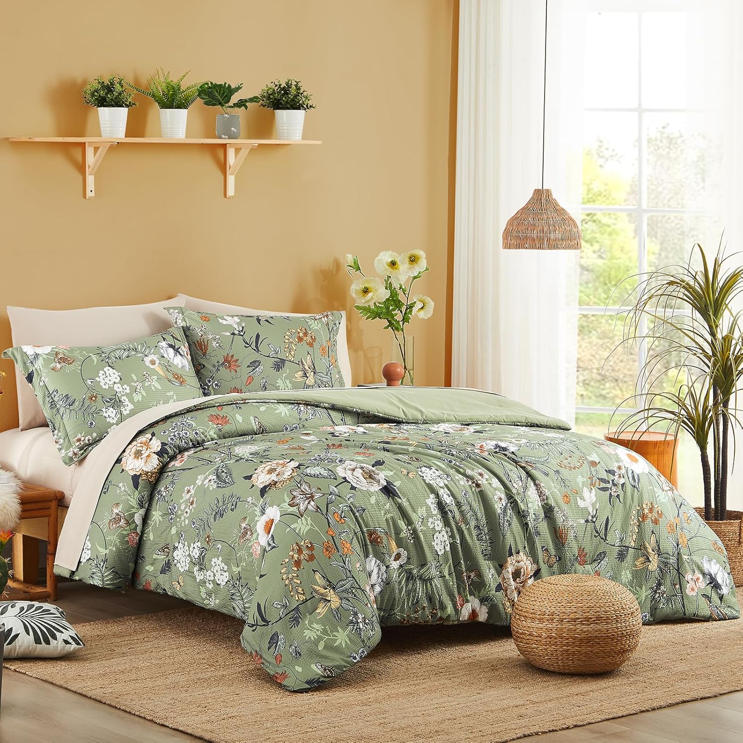 CASAAGUSTO King Size Comforter Set - 7 Pieces Green Floral Bedding Sets, King Bed in a Bag with Botanical Butterfly Comforter, Sheets, Pillowcases & Shams for All Seasons - Image 2