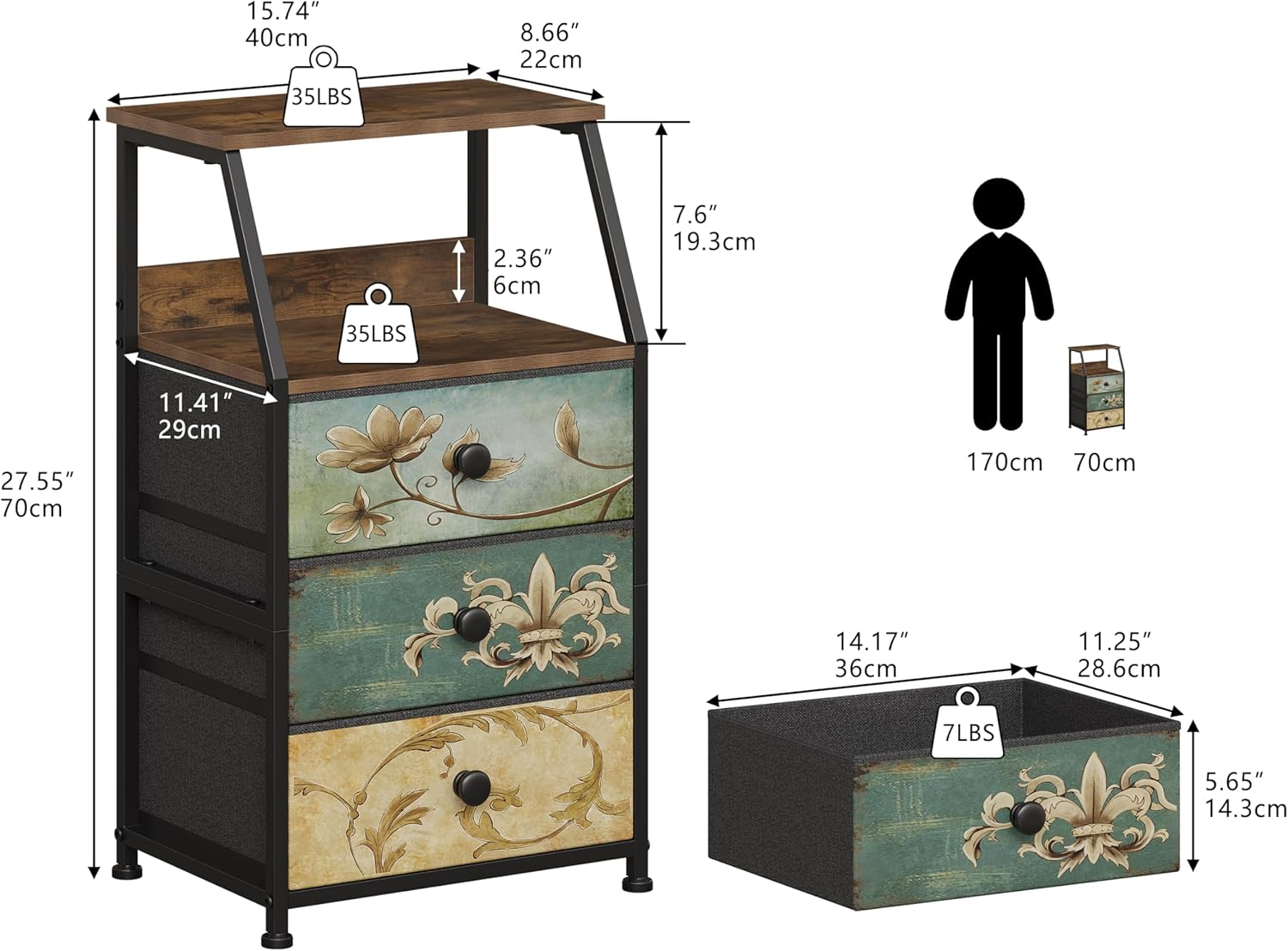 Tohomeor Dresser with Fabric Drawers Nightstand with 2 Tier Shelf Storage Tower for Bedroom Hallway Entryway Closet Organizer Sofa Beside Table Furniture (Multi, 3 Drawers) - Image 2