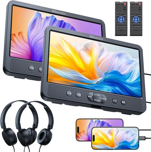 10.1" Dual Car DVD Players with HDMI Input, Headphones, Mounting Brackets, Headrest DVD Players for Car Support USB/SD Card, AV in/Out, Last Memory, Play A Same or Two Movies, No Battery