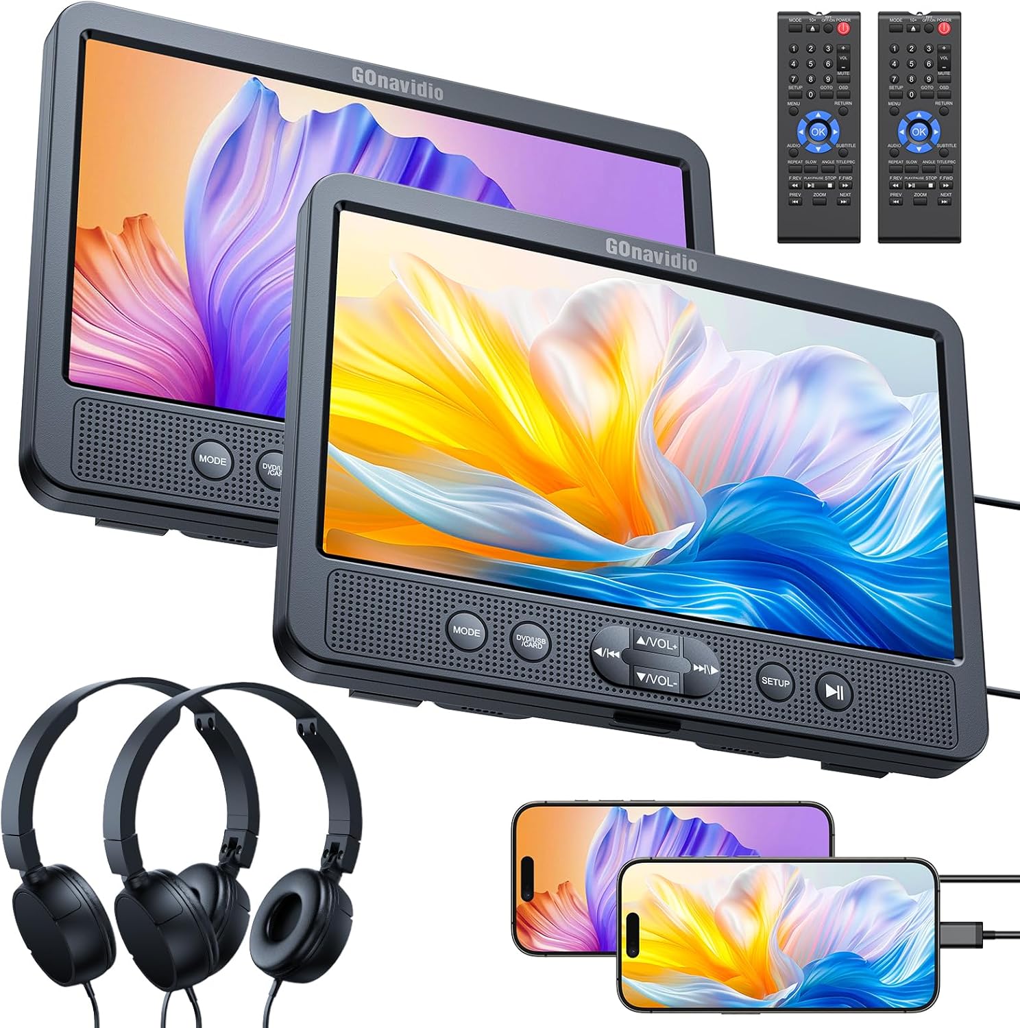 10.1″ Dual Car DVD Players with HDMI Input, Headphones, Mounting Brackets, Headrest DVD Players for Car Support USB/SD Card, AV in/Out, Last Memory, Play A Same or Two Movies, No Battery