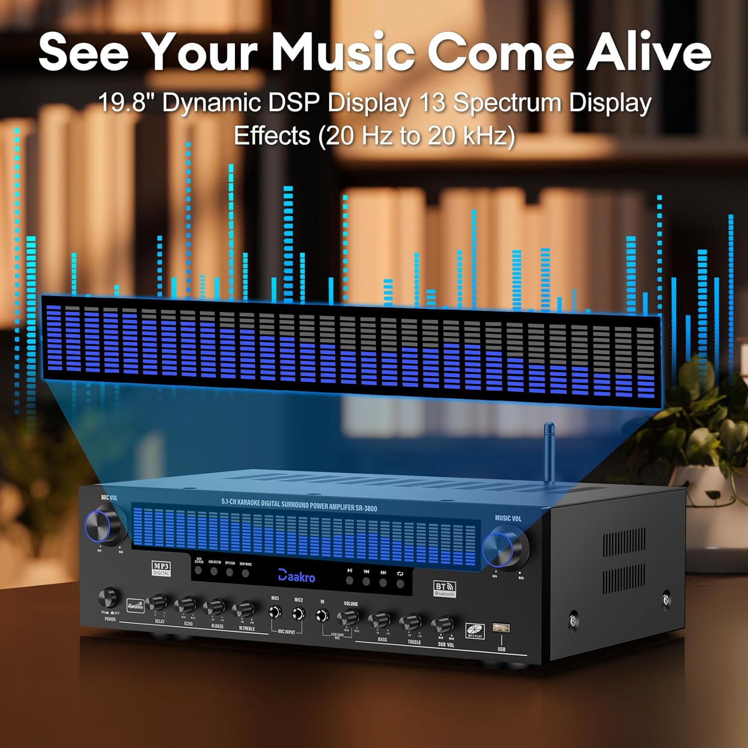 Stereo Receivers Home Audio Amplifier w/DSP Display,300W Rated Power 5.1 Channel Bluetooth Receiver,Home Amp w/BT/CD/DVD/AUX/USB/BT/FM/Opt/COA/MIC for Home/Studio/Theater Passive Speakers - Image 2