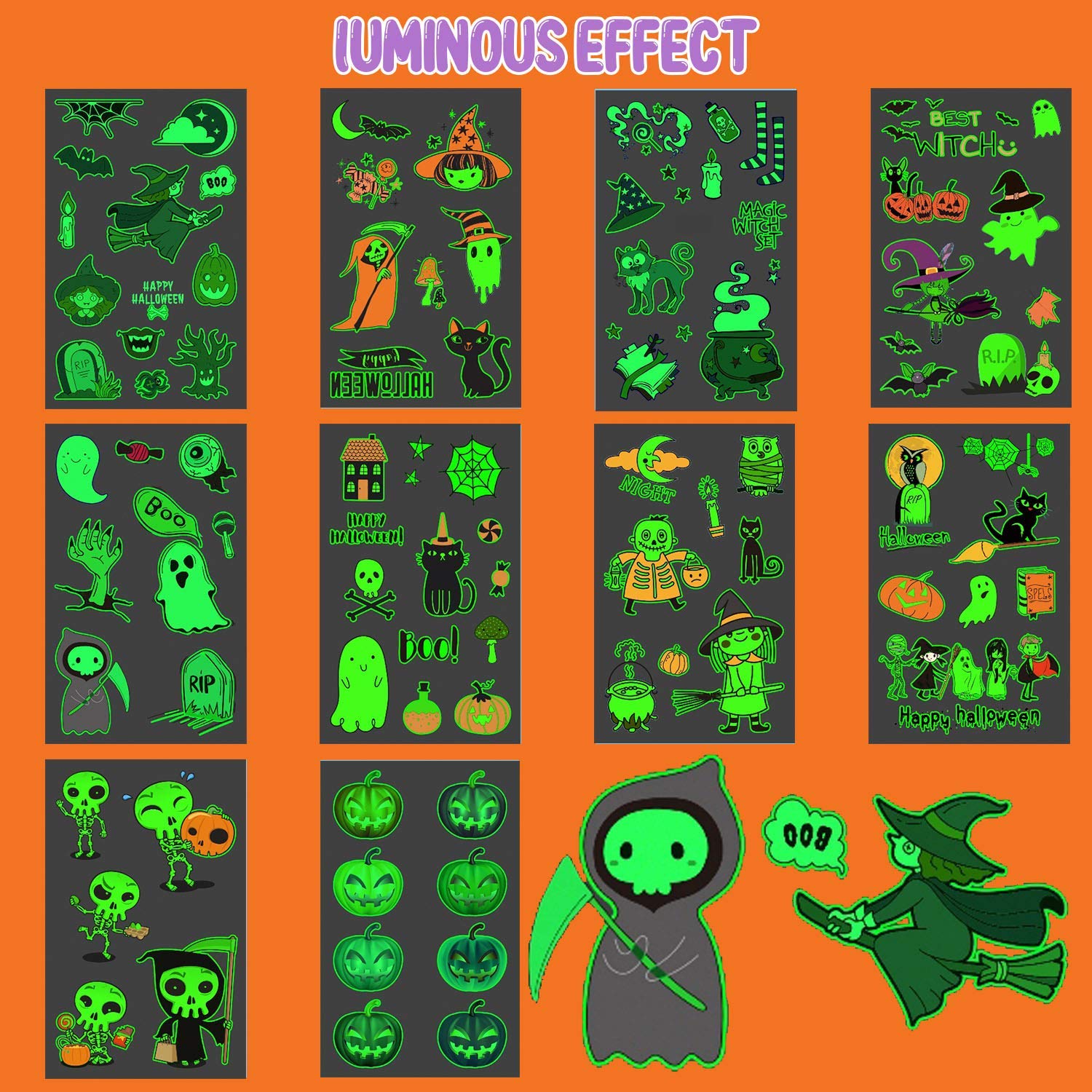 Partywind 10 Sheets Luminous Halloween Temporary Tattoos for Kids, Glow Halloween Decorations Birthday Party Favors Supplies, Halloween Fake Tattoos Goodie Bag Fillers Games Accessories for Party - Image 8