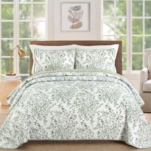WONGS BDEEING Quilt King Size, Sage Green Quilt Bedding Set with 2 Pillowcases, Botanical Quilt for King Bed, Soft Microfiber Lightweight Coverlet Bedspread for All Season (110"×90", 3 Pieces)
