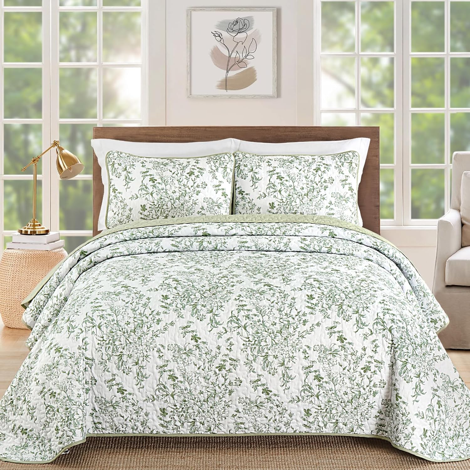 WONGS BDEEING Quilt King Size, Sage Green Quilt Bedding Set with 2 Pillowcases, Botanical Quilt for King Bed, Soft Microfiber Lightweight Coverlet Bedspread for All Season (110"×90", 3 Pieces)