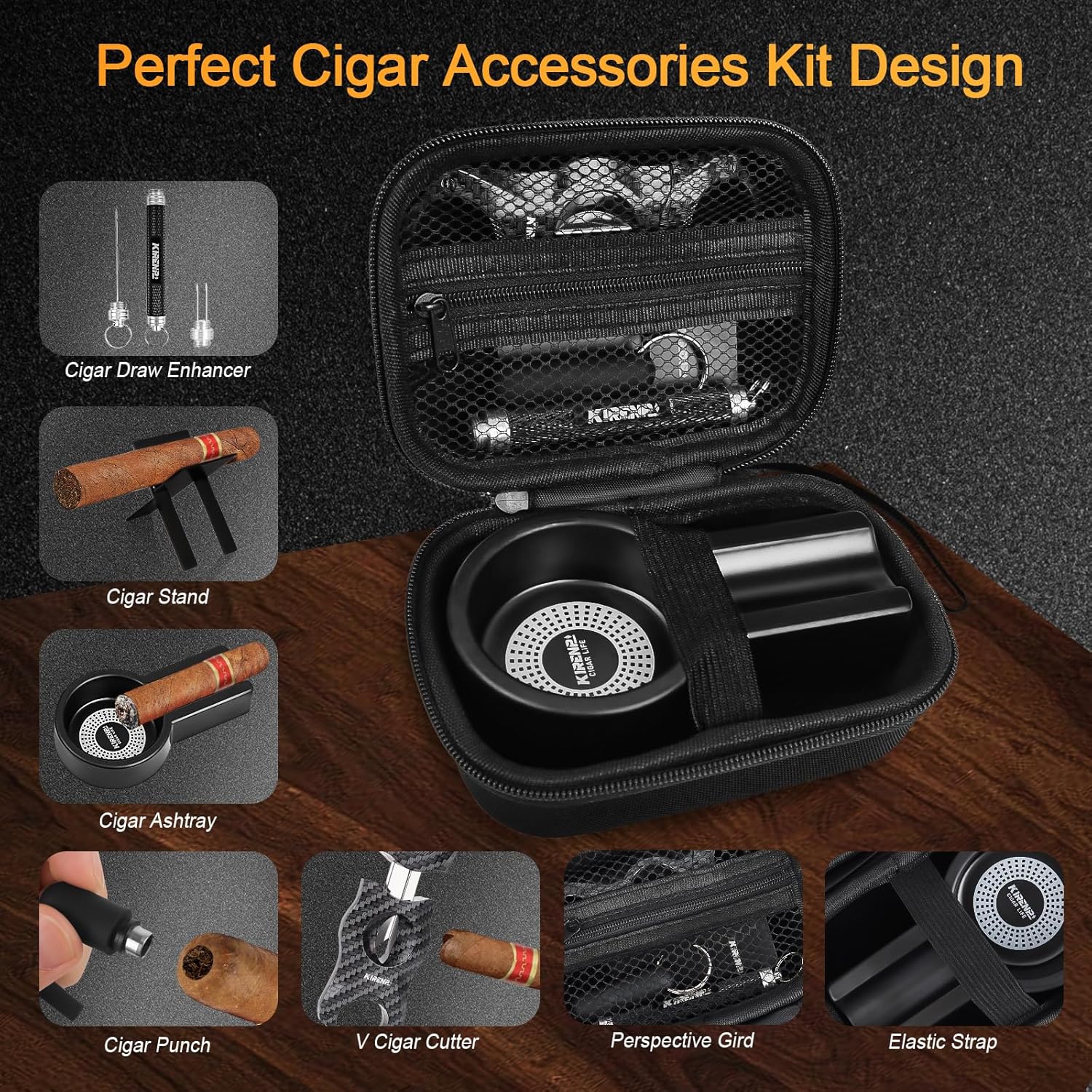 Multifunctional Cigar Accessories, 5-in-1 Kit - V Cigar Cutter, Cigar Draw Enhancer Tool, Cigar Ashtray, Cigar Holder, Cigar Punch, with Accessory Bag for Smoking, Travel, Outdoor, Cigar Gifts for Men - Image 3