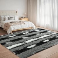 Fluffy Area Rugs for Bedroom Living Room, 4x6 Black and Grey Soft Plush Striped Rug, Modern Indoor Non Slip Washable Carpet, Furry Throw Carpets for Home Decor - Image 2