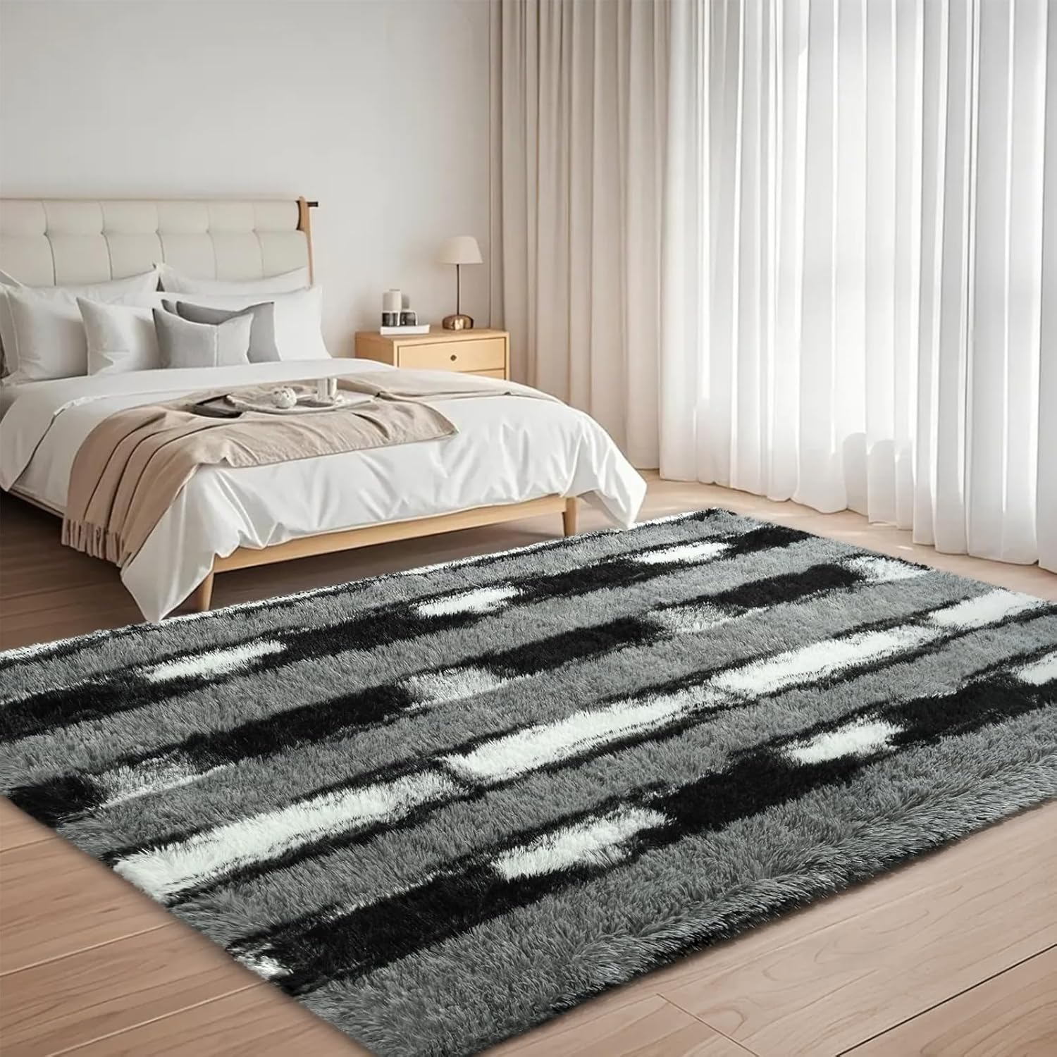 Fluffy Area Rugs for Bedroom Living Room, 4x6 Black and Grey Soft Plush Striped Rug, Modern Indoor Non Slip Washable Carpet, Furry Throw Carpets for Home Decor - Image 2