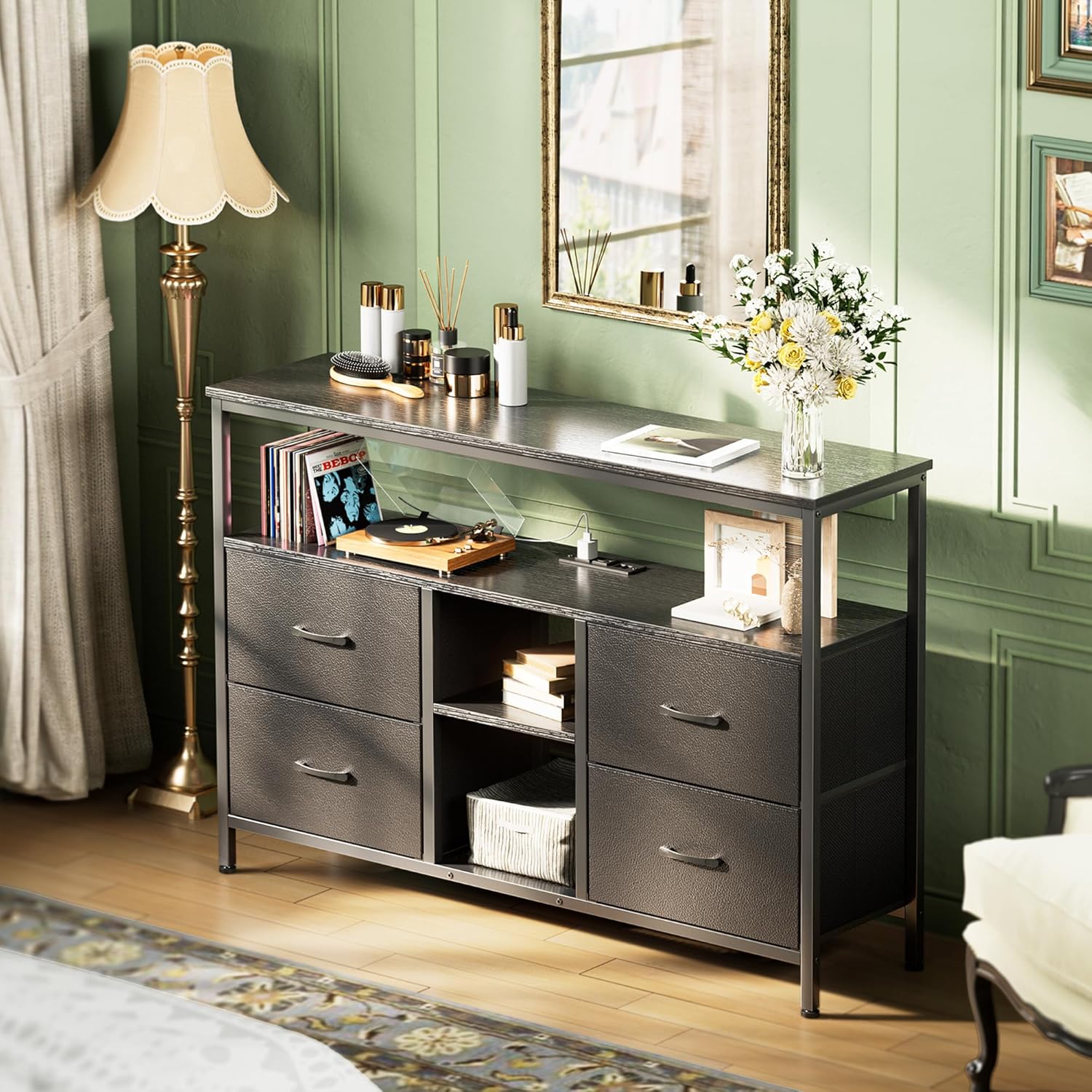 Huuger TV Stand Dresser with Power Outlets and LED Lights, 4 Drawers Entertainment Center with Open Shelf, Media Console for 50 43 Inch TV, Dresser with PU Finish, Black - Image 4