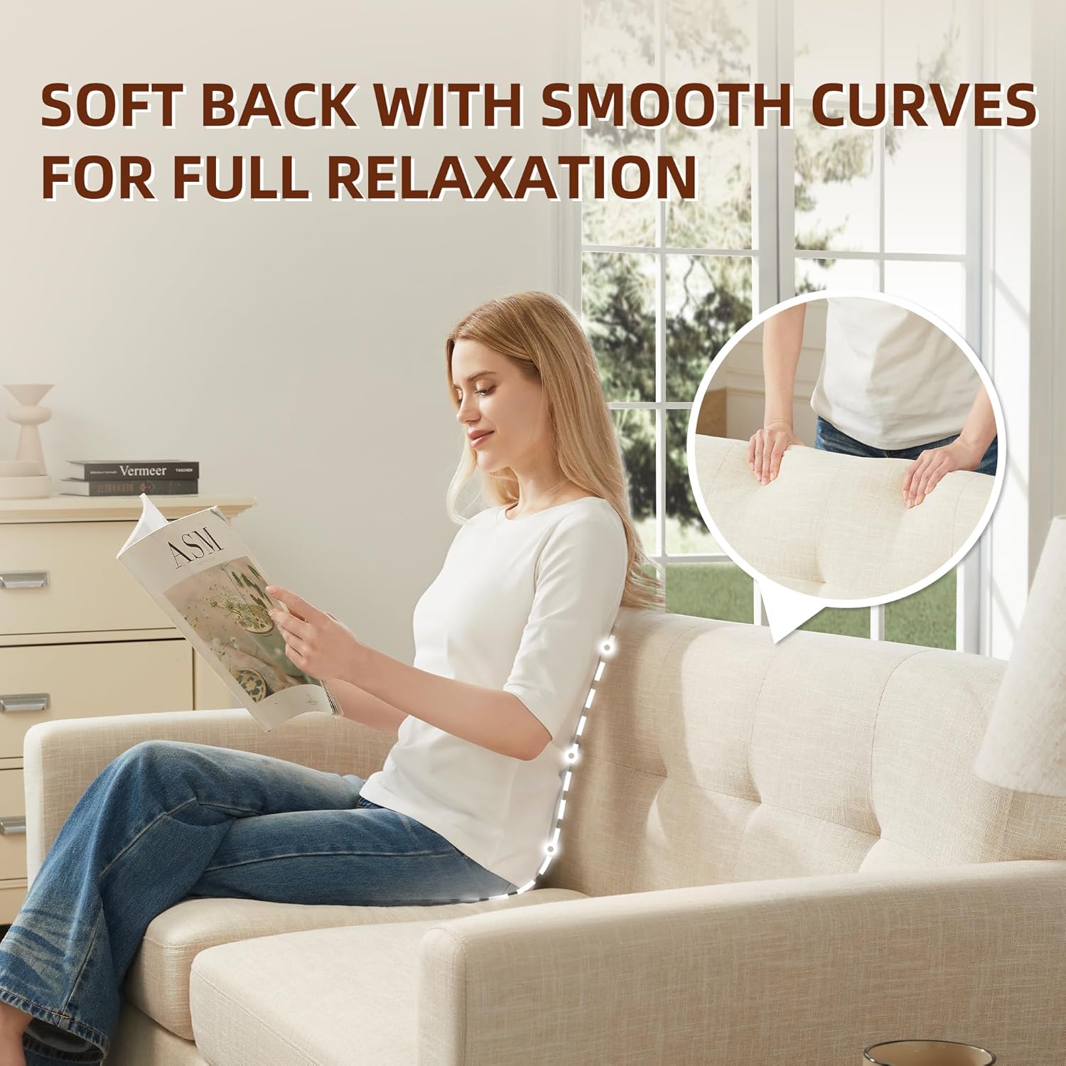 Tbfit 65" W Loveseat Sofa, Mid Century Modern Decor Love Seat Couches for Living Room, Button Tufted Upholstered Small Couch for Bedroom, Solid and Easy to Install Love Seats Furniture, Beige - Image 7