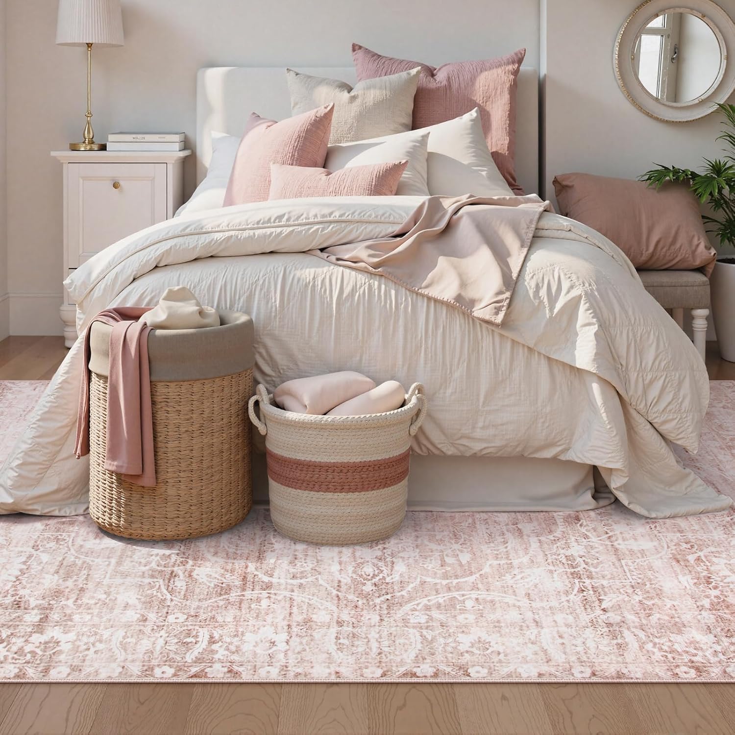 Lahome Pink Rugs for Bedroom Girls,Cute Nursery Rug Boho Area Rugs 5x7,Floral Living Room Rug Carpet Ultra-Thin Soft Washable, Kids Rugs for Playroom Baby Room Decor Dorm (Pink, 5'X7') - Image 2