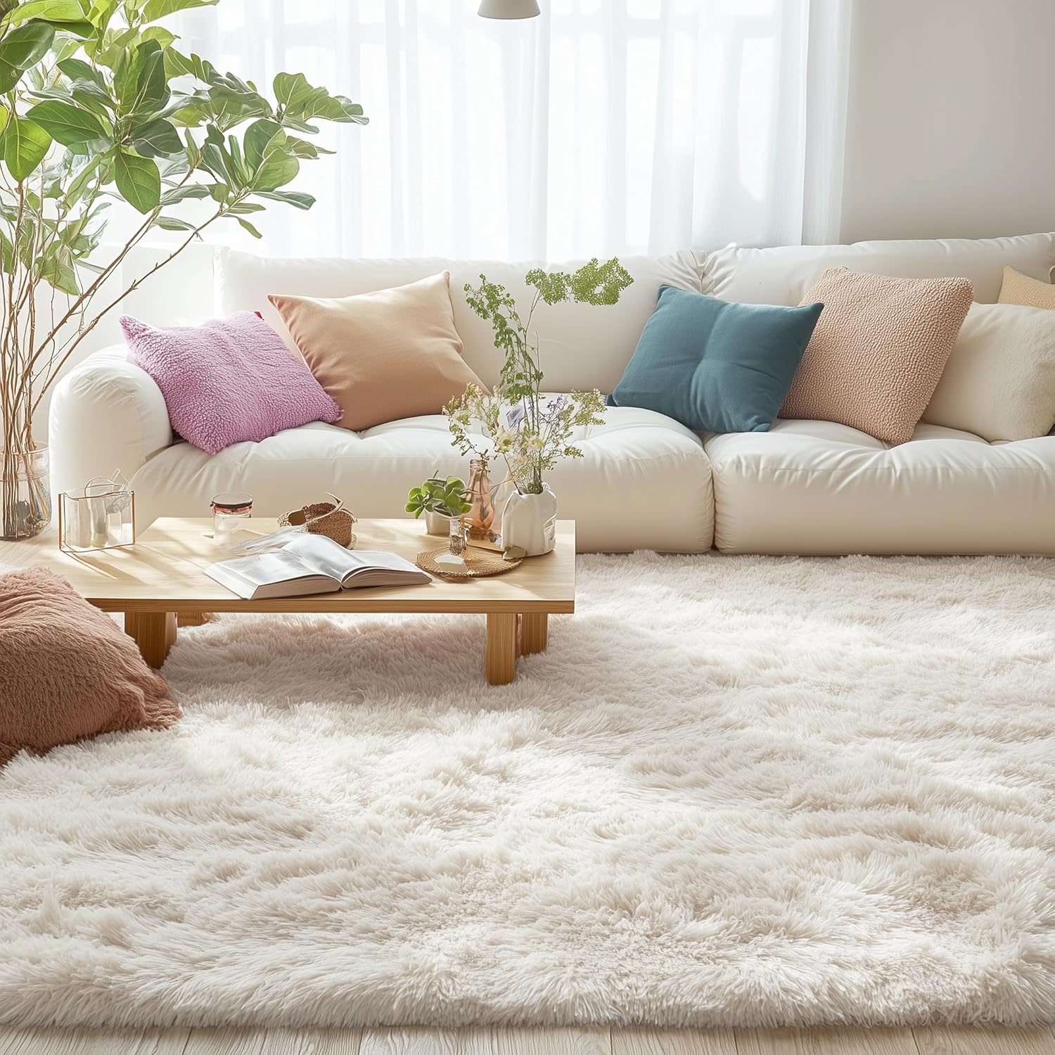 OLANLY Area Rugs for Living Room Bedroom, Machine Washable 4x5.9 ft Soft Fluffy Shaggy Bedside Rug, Indoor Floor Carpet for Kids Girls and Boys, Dorms, Nursery Rooms, Home Decor Aesthetic, Ivory - Image 4