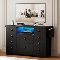 LIKIMIO Dresser with 10 Drawers, Bedroom Wooden Chest of Drawers with LED Lights and Power Outlets, Fabric Side Pocket, TV Stand for Living Room, Black - Image 10