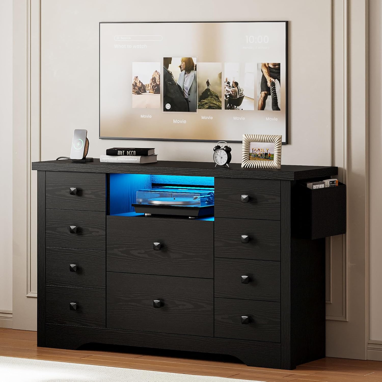 LIKIMIO Dresser with 10 Drawers, Bedroom Wooden Chest of Drawers with LED Lights and Power Outlets, Fabric Side Pocket, TV Stand for Living Room, Black - Image 10