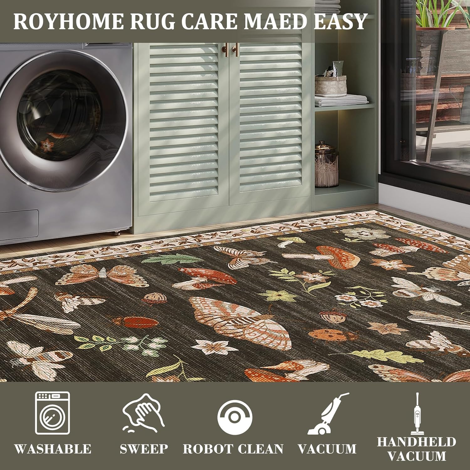 Mushroom Washable Rug 5x7 Area Rugs for Living Room, Insect Print Rug for Bedroom, Non Slip Throw Carpet with Rubber Back, Soft Low Pile Dining Room, Brown - Image 5