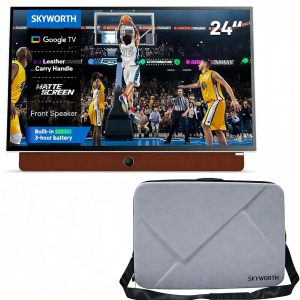 Skyworth 24-Inch Portable Smart TV with Protective Case, Battery Powered Outdoor TV, 1080P FHD, Google TV, HDR10, Dolby Audio, Chromecast, Ideal for Sports, Game Day Bundle