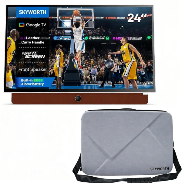 Skyworth 24-Inch Portable Smart TV with Protective Case, Battery Powered Outdoor TV, 1080P FHD, Google TV, HDR10, Dolby Audio, Chromecast, Ideal for Sports, Game Day Bundle