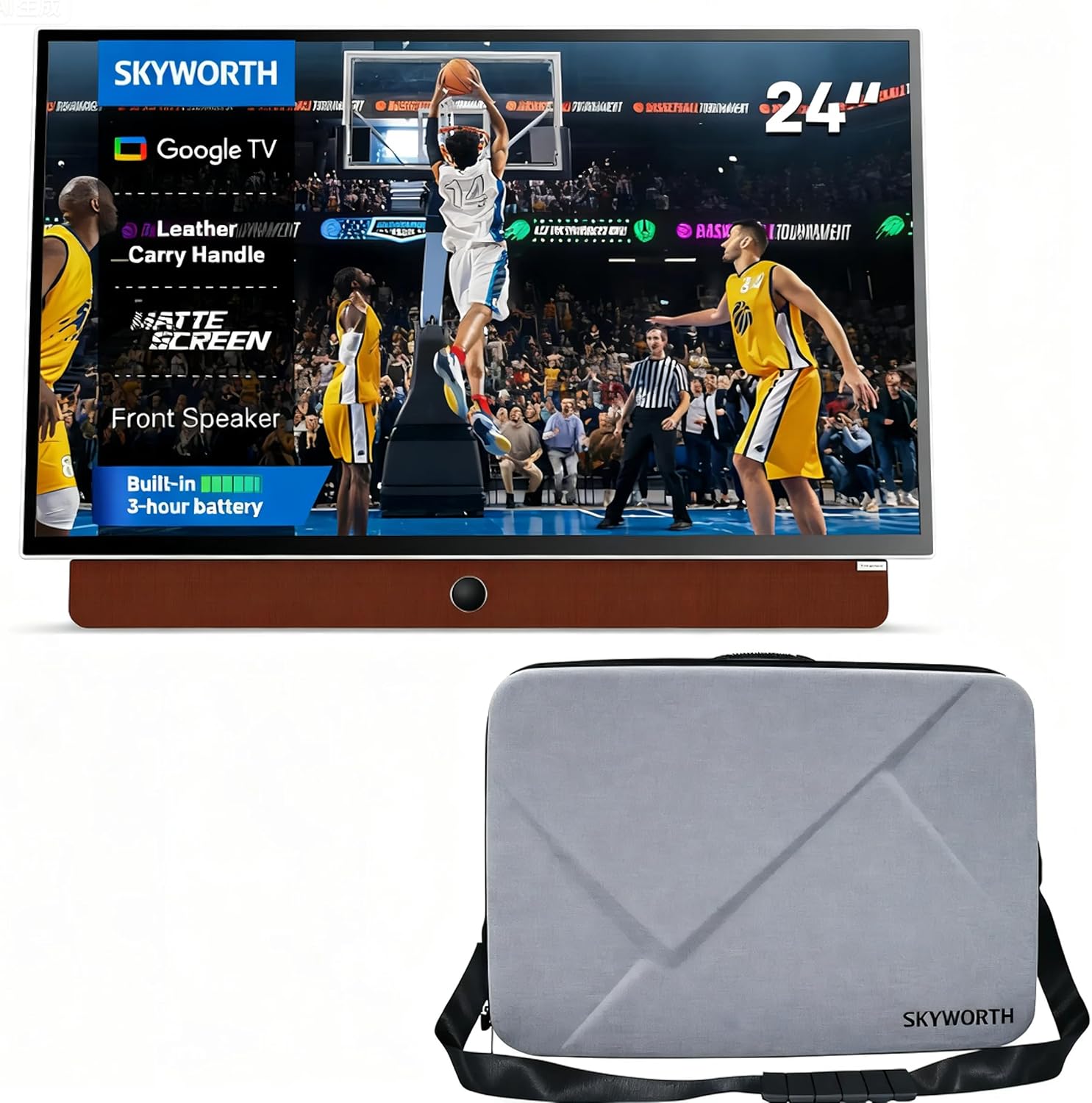 Skyworth 24-Inch Portable Smart TV with Protective Case, Battery Powered Outdoor TV, 1080P FHD, Google TV, HDR10, Dolby Audio, Chromecast, Ideal for Sports, Game Day Bundle