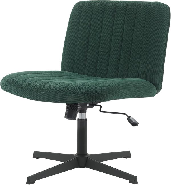 Armless Desk Chair No Wheels Wide Velvet Upholstered Office Chair Swivel Criss Cross Legs Large Seat Adjustable Height Accent Chair for Adults Dark Green