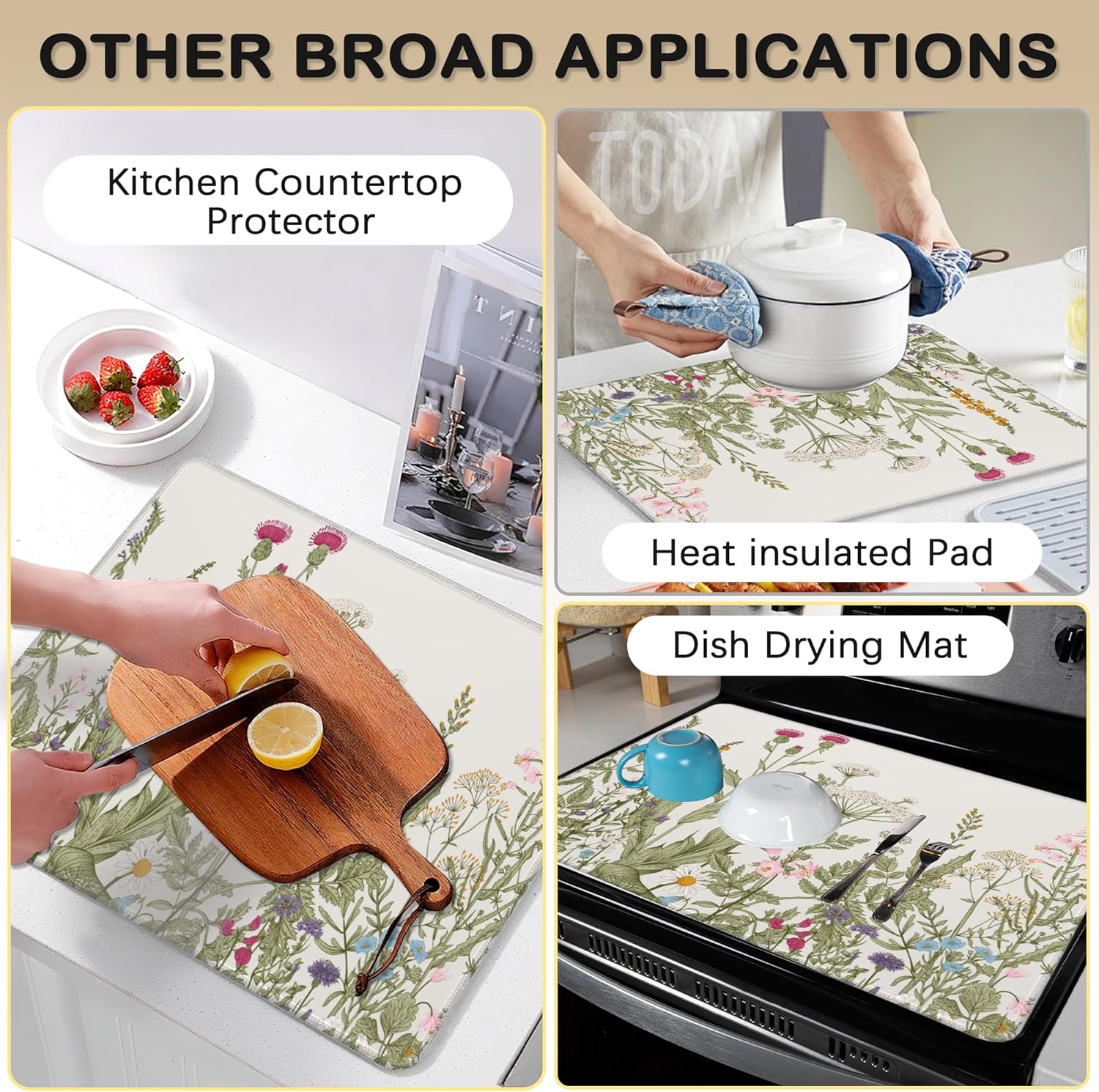 Electric Stove Top Cover Protector – Herbs and Wilds Flowers Glass Flat Top Stove Mat Oven Induction Cooktop Mat for Ceramic Countertop Mats Heat-Resistant Dish Drying Mat - Image 6