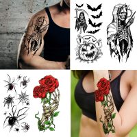 52 Sheets Black Halloween Temporary Tattoos for Kids Men Women, Include 10 Sheets Large Half Arm Sleeve Fake Tattoos, 200+ PCS Spider Snake Tiger Lion Skull Bat Vampire Scar Halloween Tattoos - Image 2