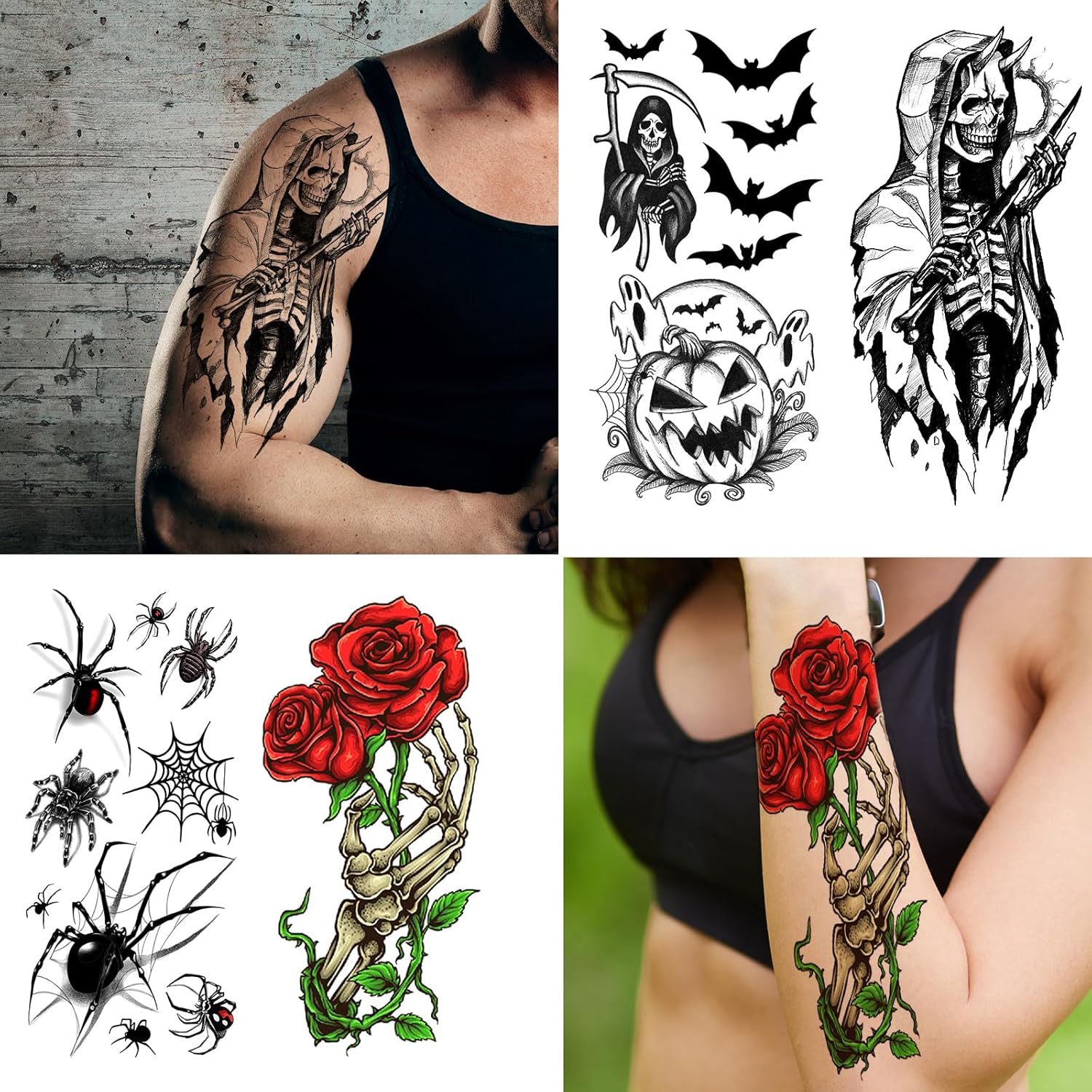 52 Sheets Black Halloween Temporary Tattoos for Kids Men Women, Include 10 Sheets Large Half Arm Sleeve Fake Tattoos, 200+ PCS Spider Snake Tiger Lion Skull Bat Vampire Scar Halloween Tattoos - Image 2