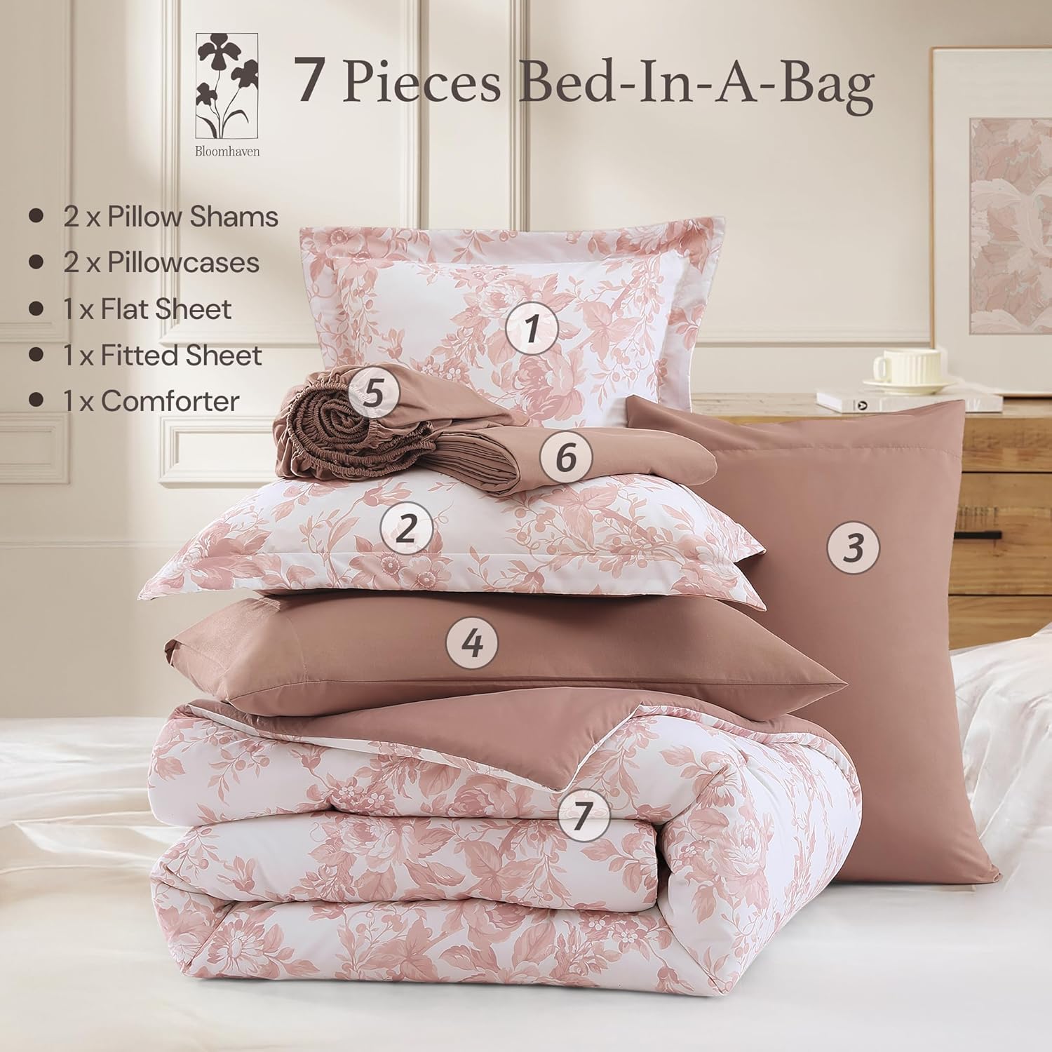 Queen Comforter Set -7 Pieces Pink Floral Comforter Set for All Seasons, Bed in a Bag Queen with Botanical Flowers Comforter, Sheets, Pillowcases & Shams - Image 7