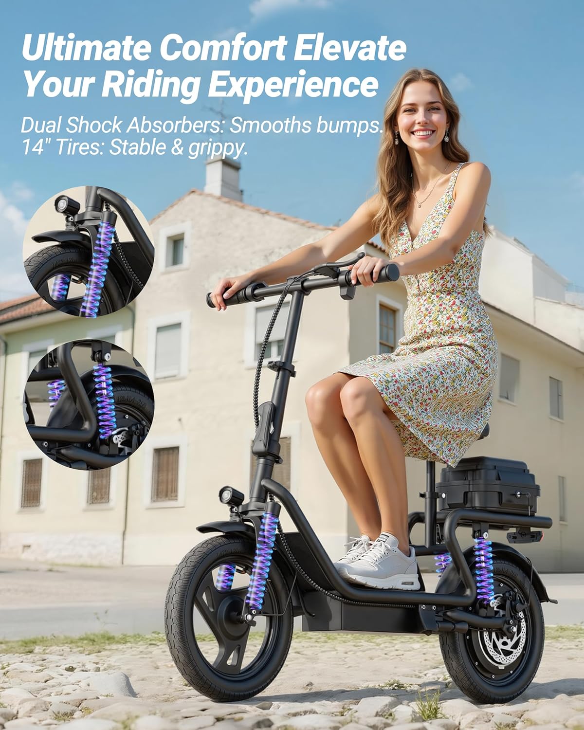 Maxshot Electric Scooter, 8.5" /10" /14" Tire, 16/19/22 Mph Top Speed, 12/16/21/27/28/49/50 Miles Long Range, Folding Escooter for Adults and Kids with Seat Bag, Dual Braking, Dual Suspension, App - Image 4
