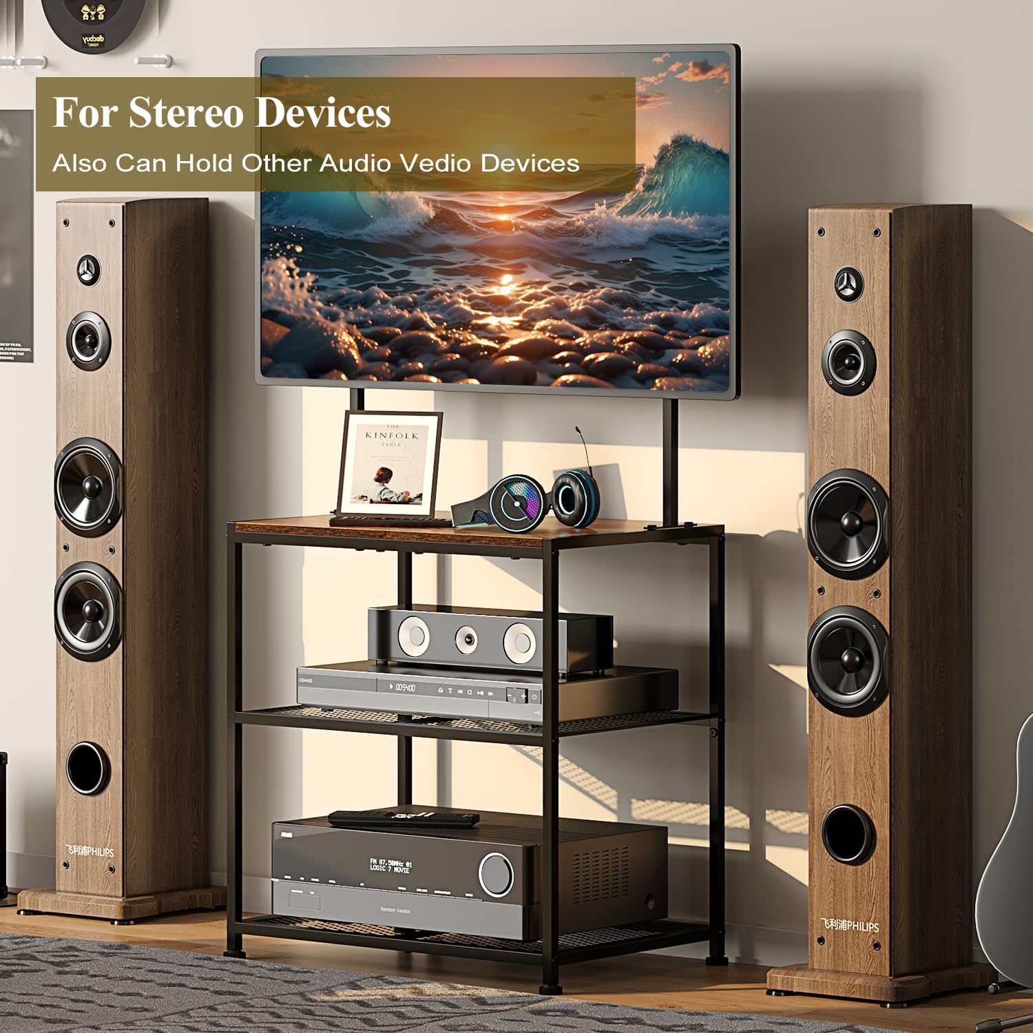 23 Inch to 50 Inch Floor Small Corner TV Stand with Storage Shelves for Living Room Bedroom, Universal Floor Television Stands with Mount, Rustic Brown Corner TV Table Desk Shelf for Small Space - Image 9