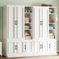 LIKIMIO Armoire Wardrobe Closet 70" H, 5 Doors Bedroom Wooden Wardrobe with 4 Storage Shelves and Hanging Rod, Clothing Storage Cabinet Organizer Combination, White - Image 8