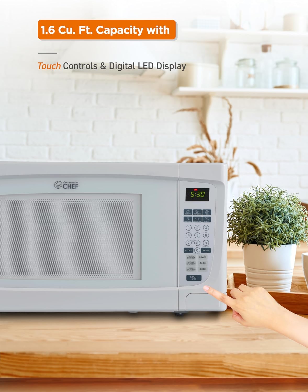 COMMERCIAL CHEF 1.6 Cubic Foot Microwave with 10 Power Levels, Small Microwave with Push Button, 1000 Watt Microwave with Digital Control Panels, Countertop Microwave with Timer, White - Image 6