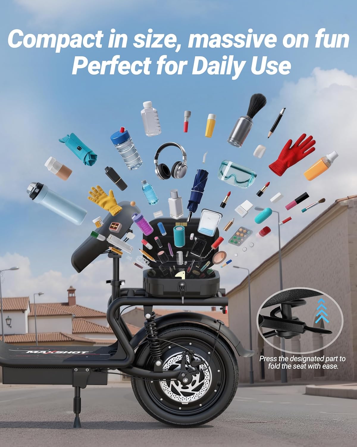 Maxshot Electric Scooter, 8.5" /10" /14" Tire, 16/19/22 Mph Top Speed, 12/16/21/27/28/49/50 Miles Long Range, Folding Escooter for Adults and Kids with Seat Bag, Dual Braking, Dual Suspension, App - Image 2